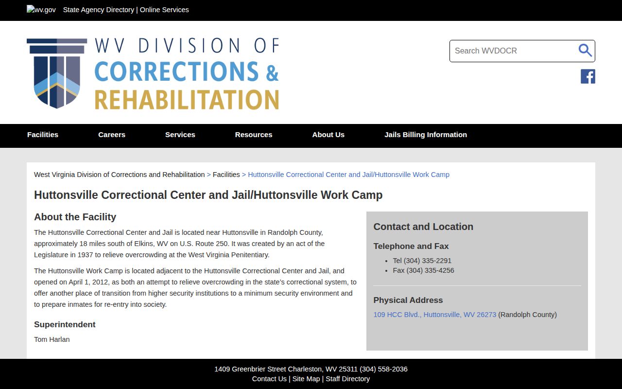 Huttonsville Correctional Center and Jail release record source